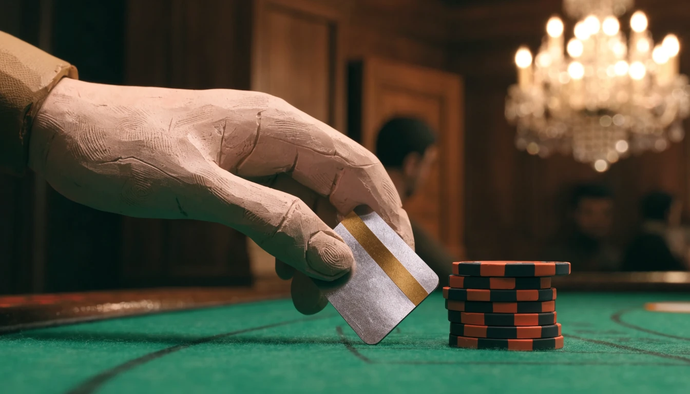 Hand placing a metallic card on a green felt casino table with chips nearby.
