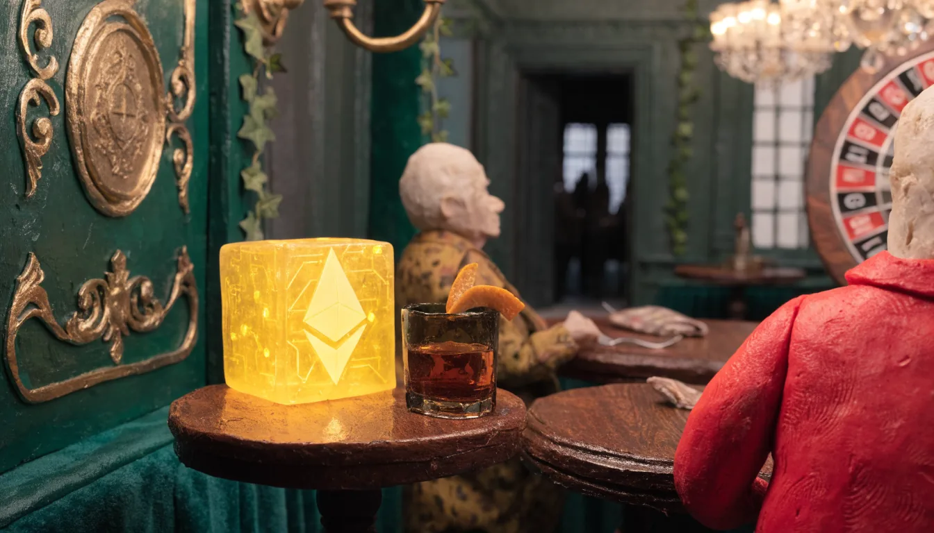 British casino lounge with an Ethereum symbol on a side table and a roulette wheel behind.