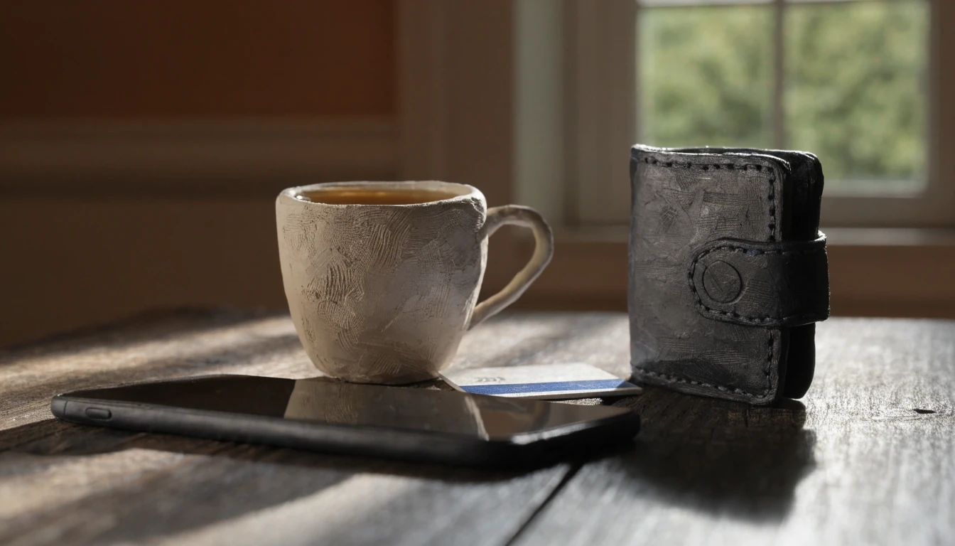 Smartphone, contactless card and wallet on a wooden table in daylight