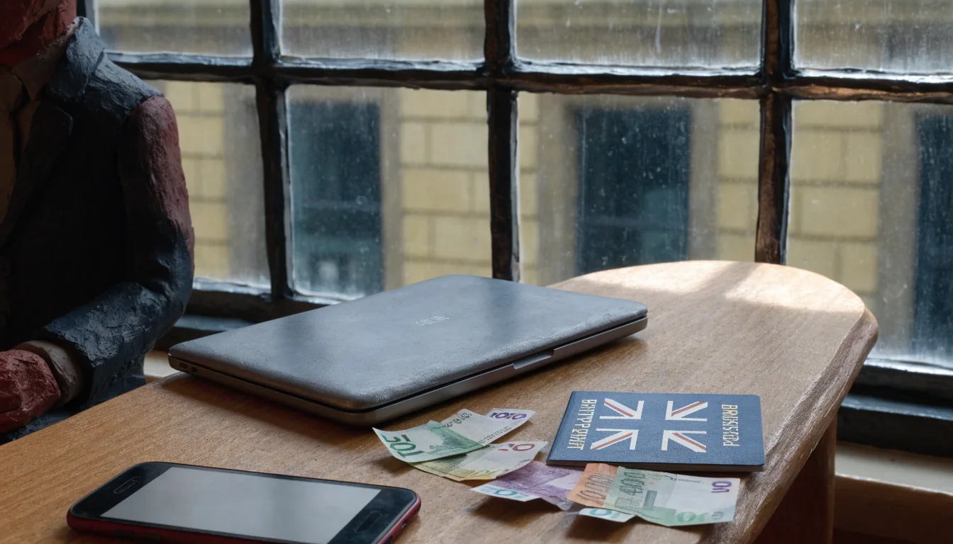 Closed laptop, passport, euro notes and a phone on a table by a rainy London window.