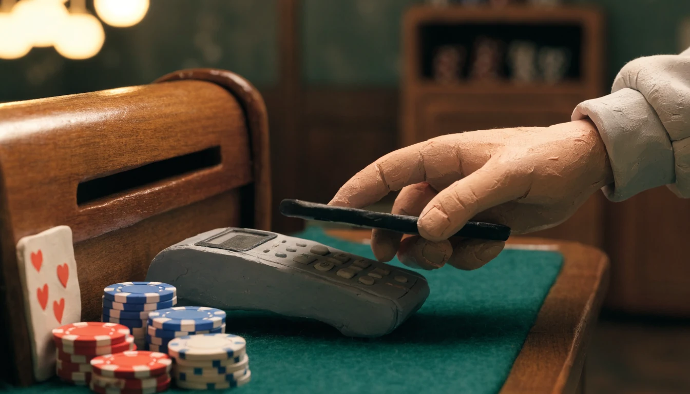 Smartphone held over contactless payment terminal at a UK casino cashier counter with chips and card.