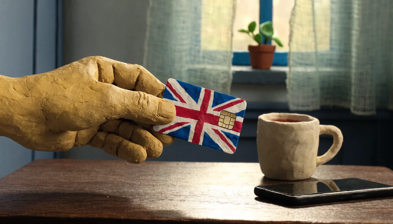 Hand holding a UK bank card near a smartphone on a table.