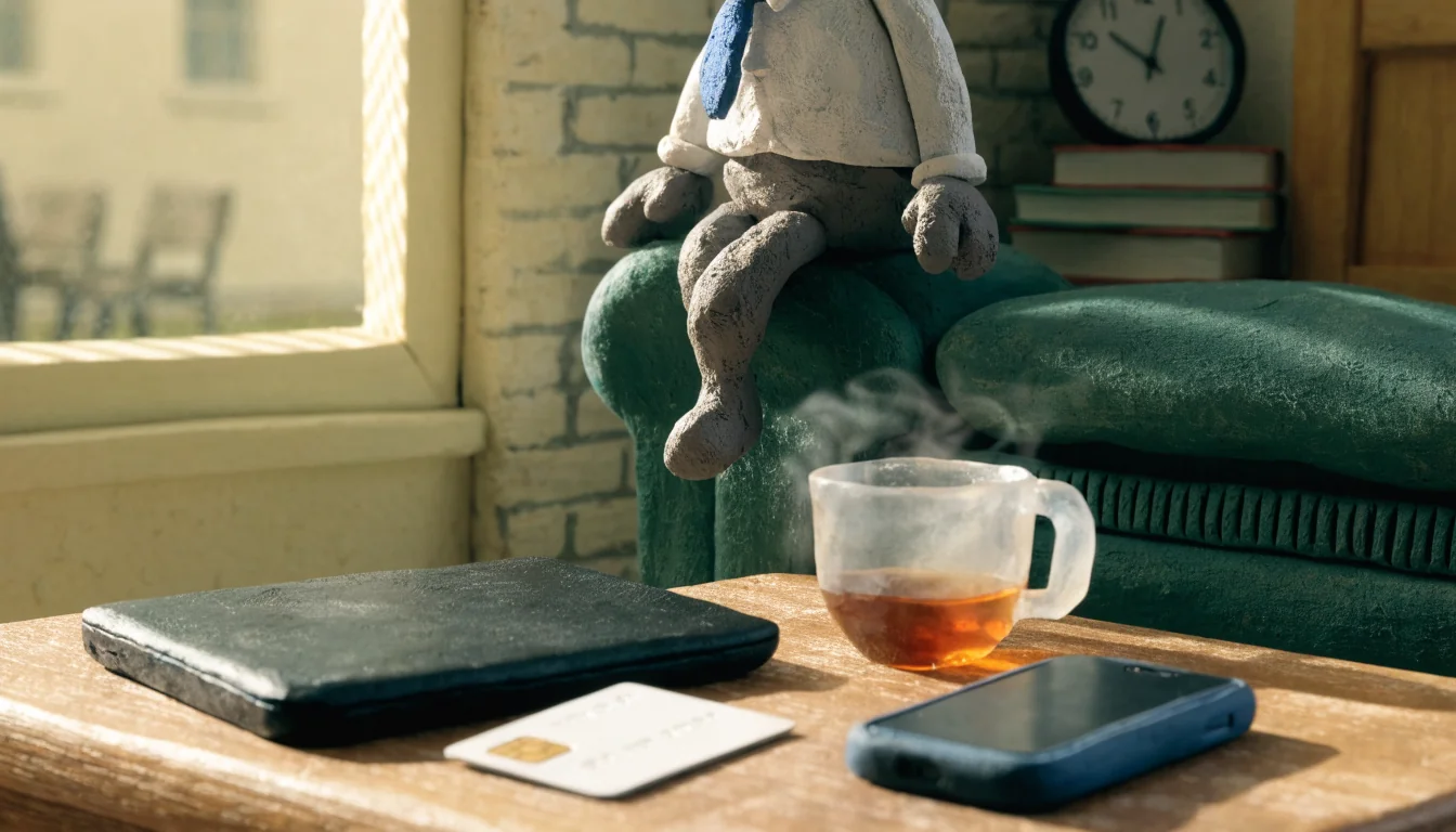 Closed laptop, contactless bank card, and cup of tea on a wooden table in a sunlit British home