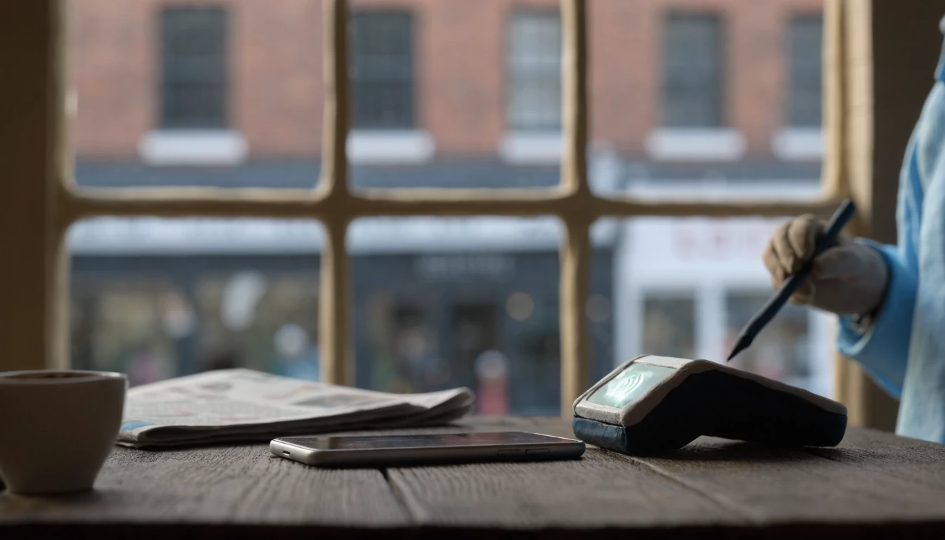 Smartphone on a London cafe table with a contactless payment terminal nearby