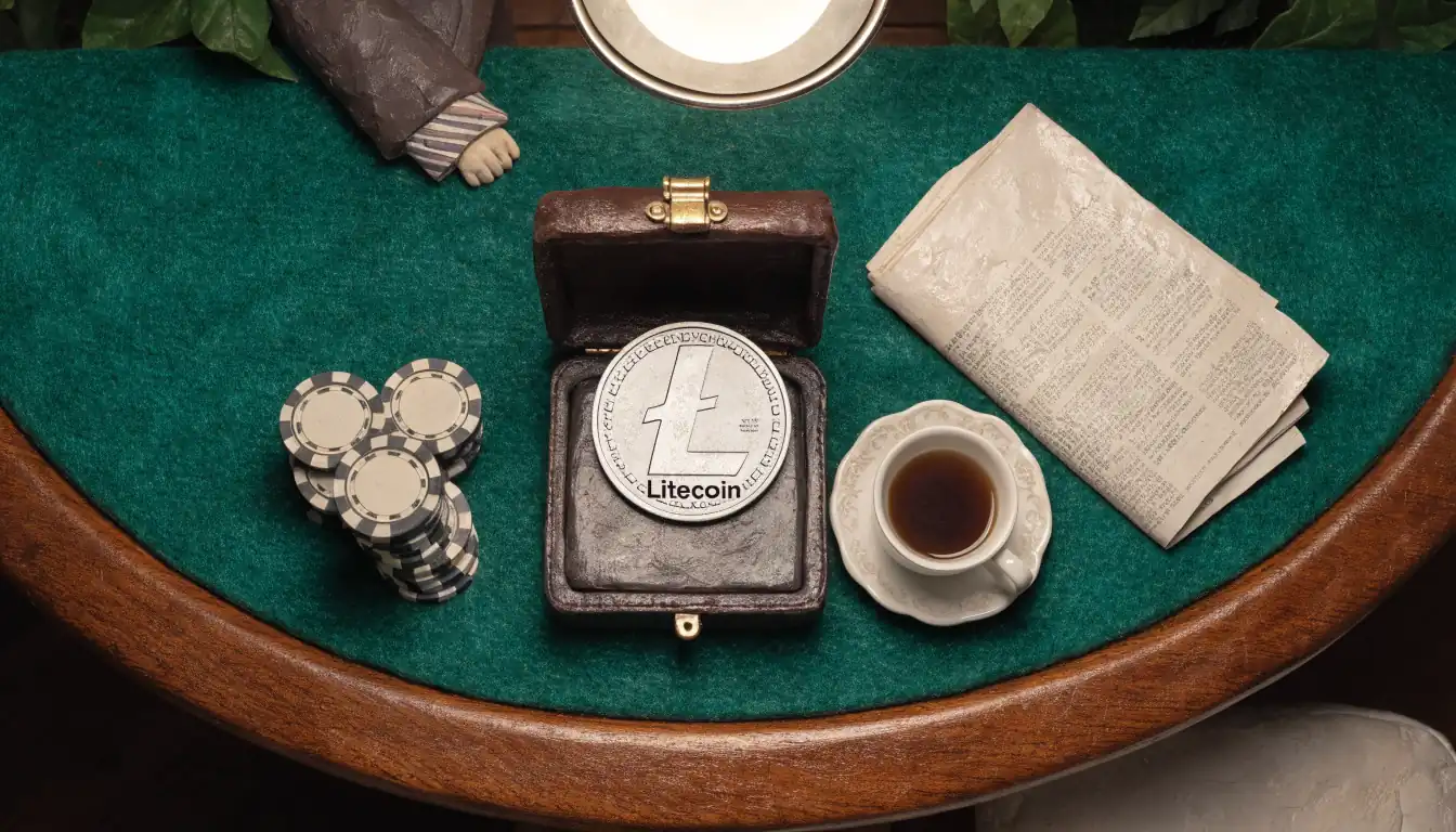 Casino table with chips, a Litecoin coin and a British teacup