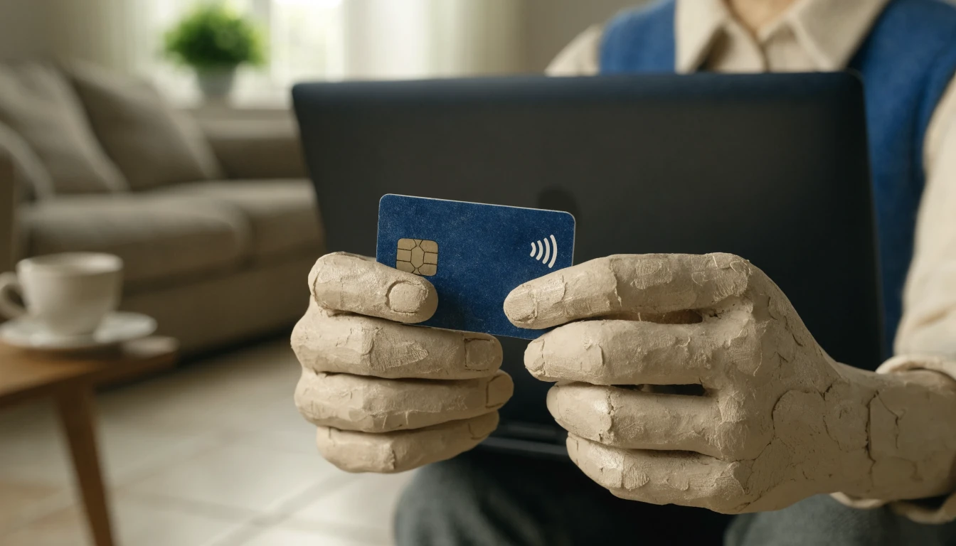 Hands holding a chip debit card near an open laptop in a bright British living room.