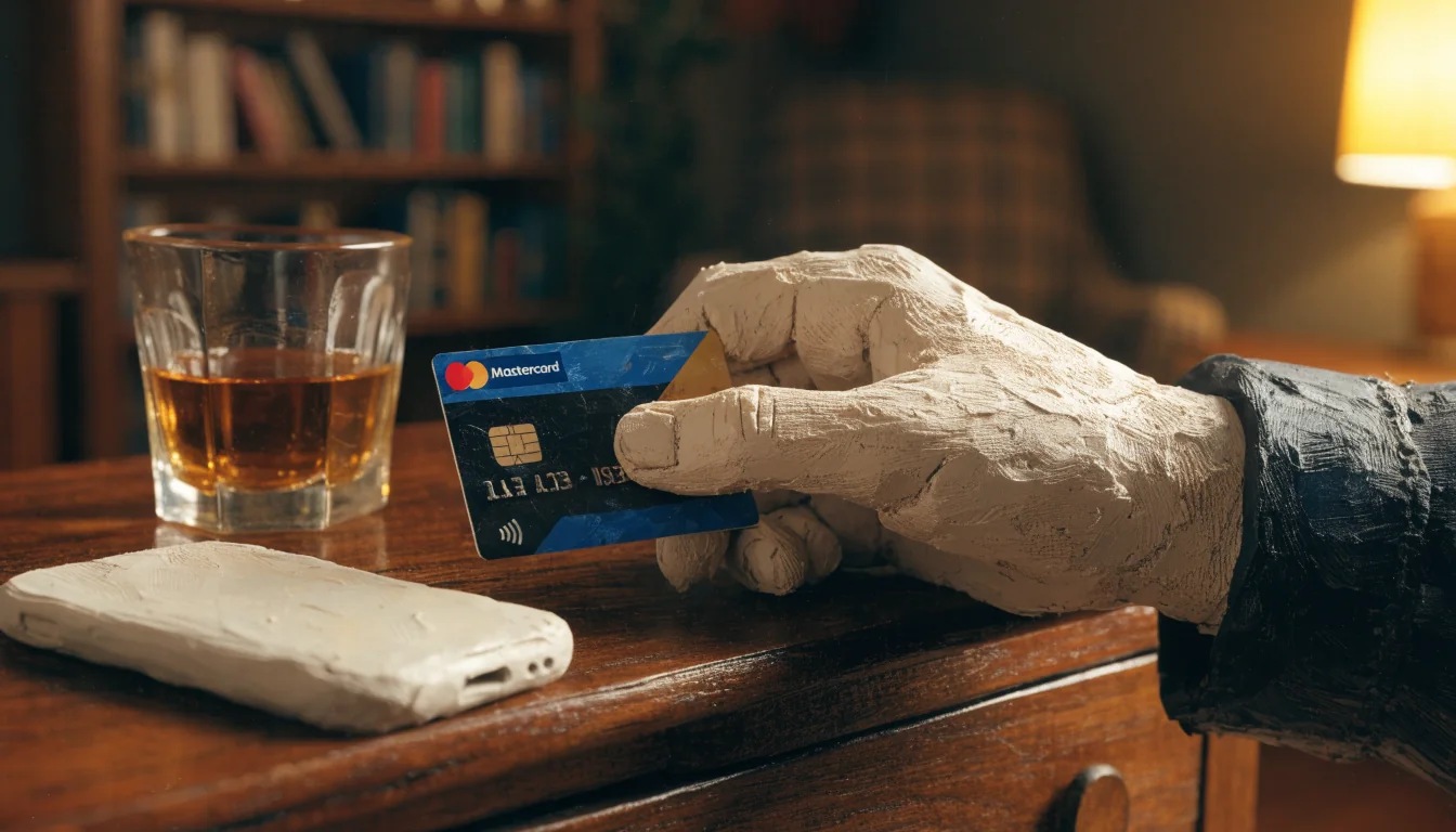 Hand holding a Mastercard debit card on a wooden table in a London living room.
