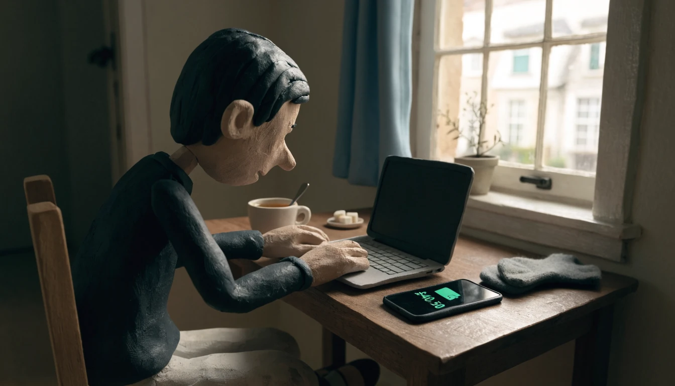 Person reviewing a payment app on a laptop at a home desk in the UK.