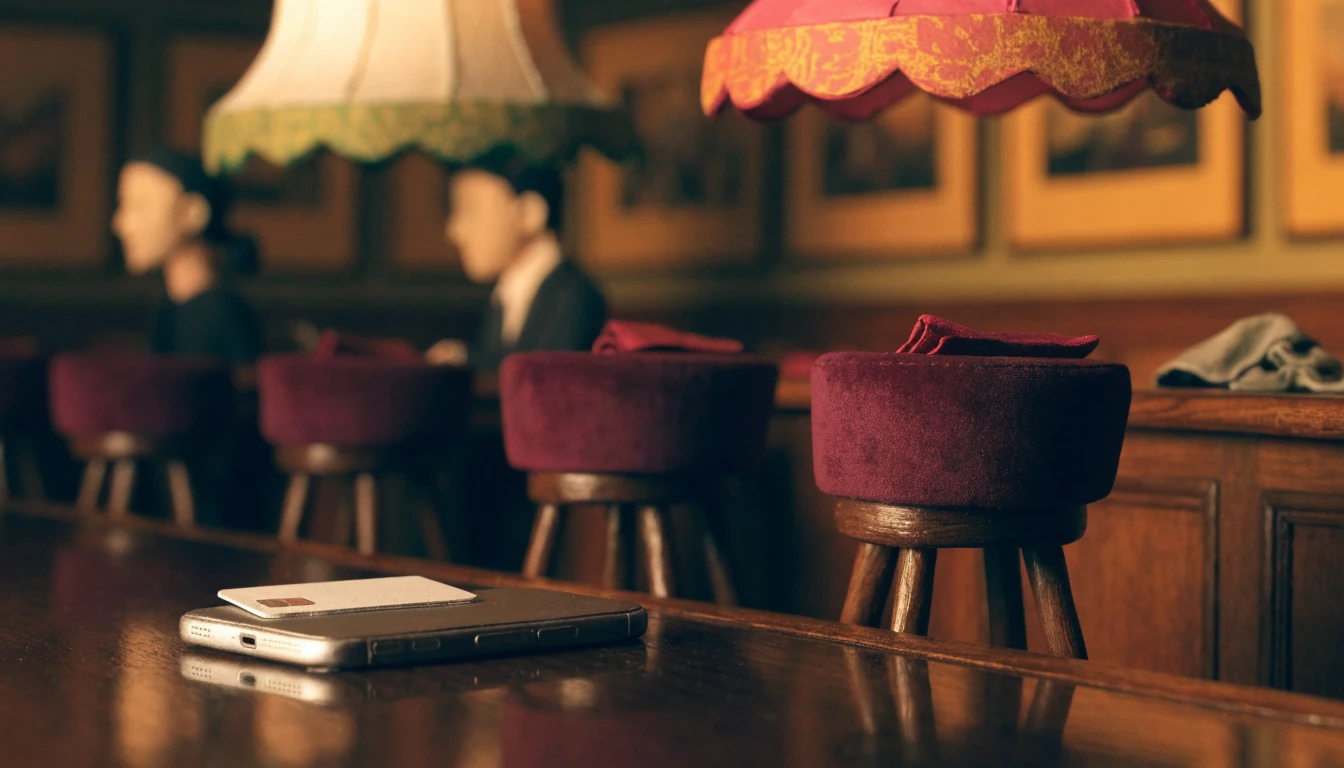 Smartphone and payment card on a wooden casino bar counter in a warmly lit UK lounge.