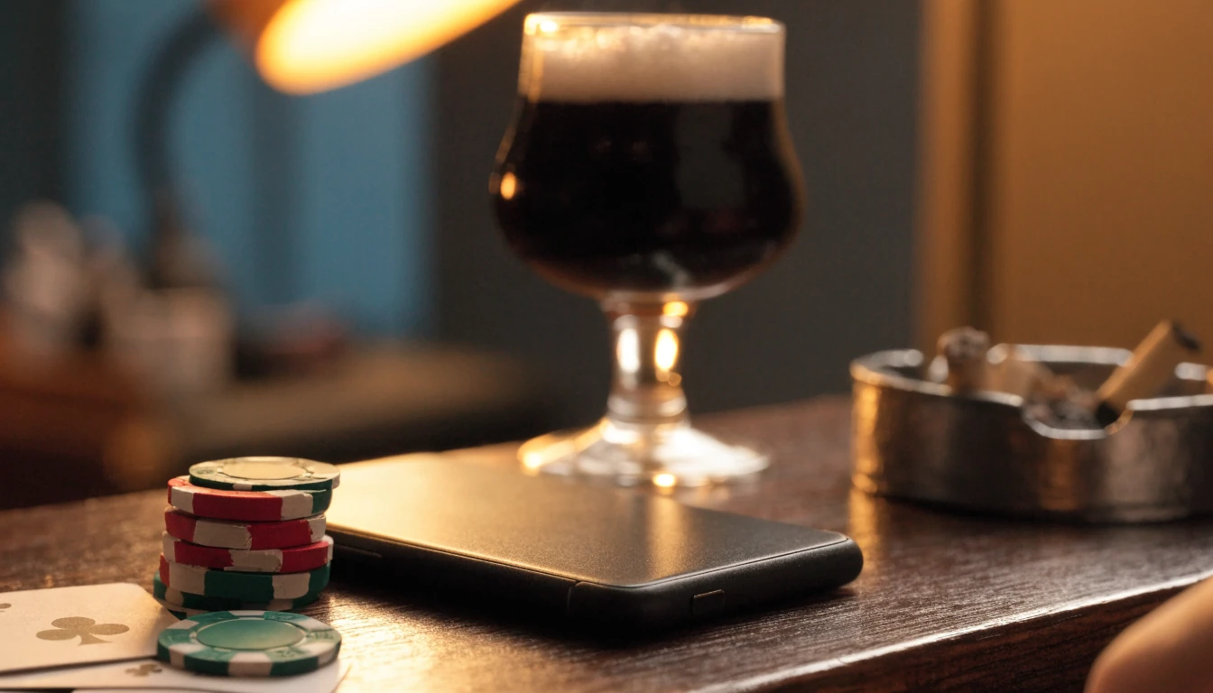Smartphone face-down beside casino chips and playing cards on a wooden pub table