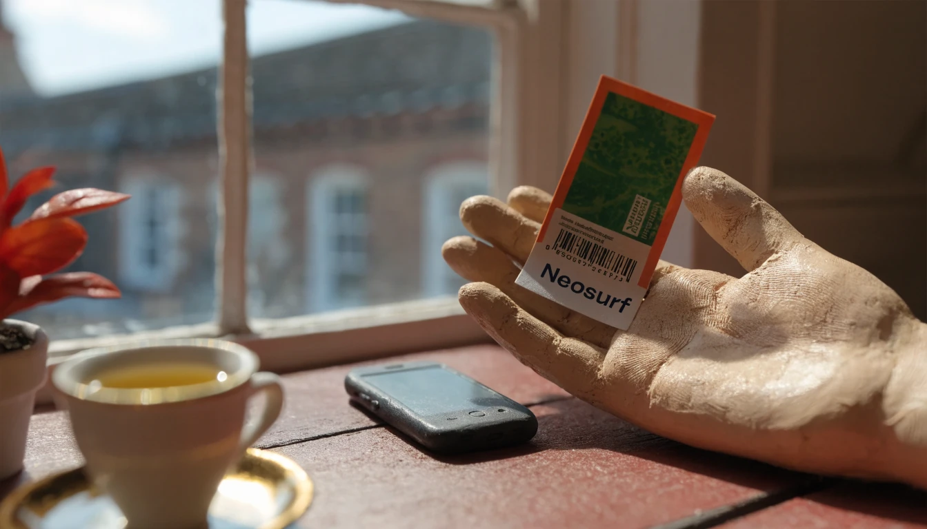 Hand holding a prepaid voucher beside a smartphone on a British café table