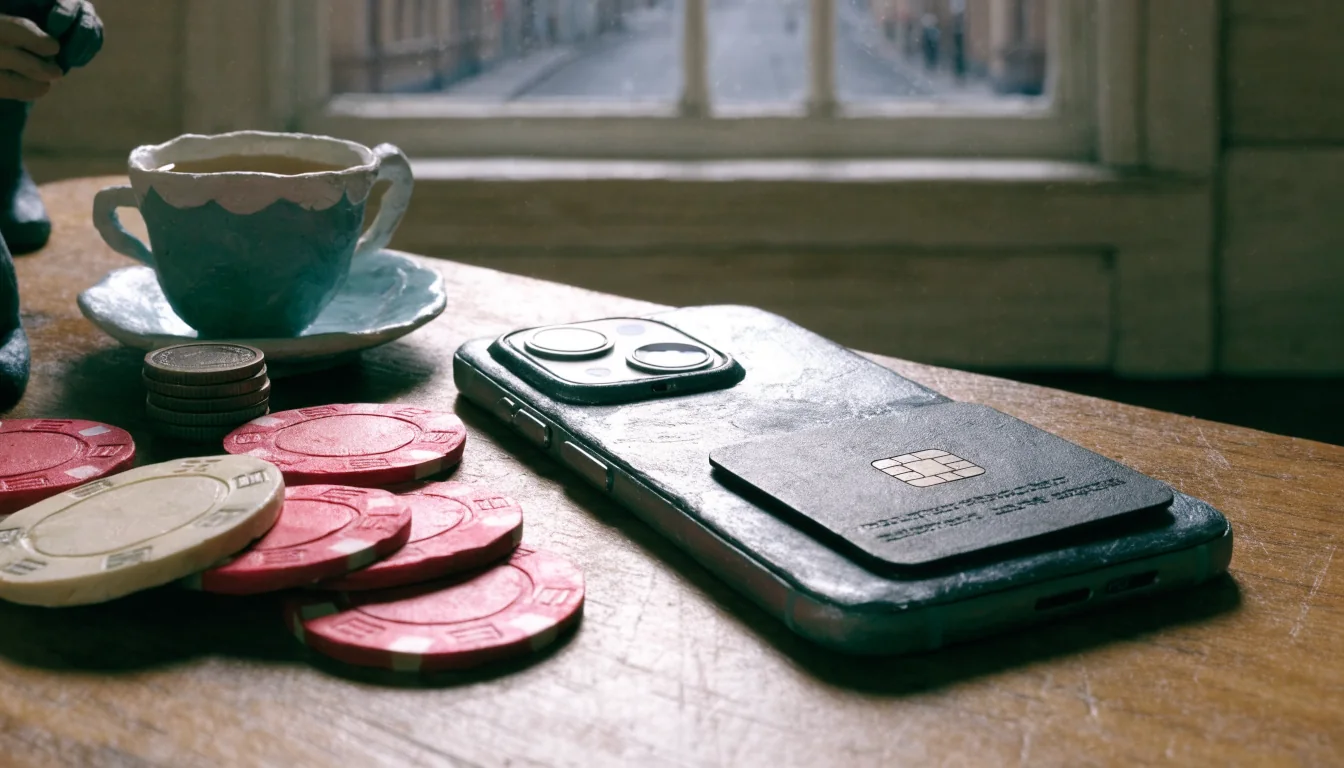 Smartphone, e-wallet card, casino chips, and a British teacup on a desk near a window.