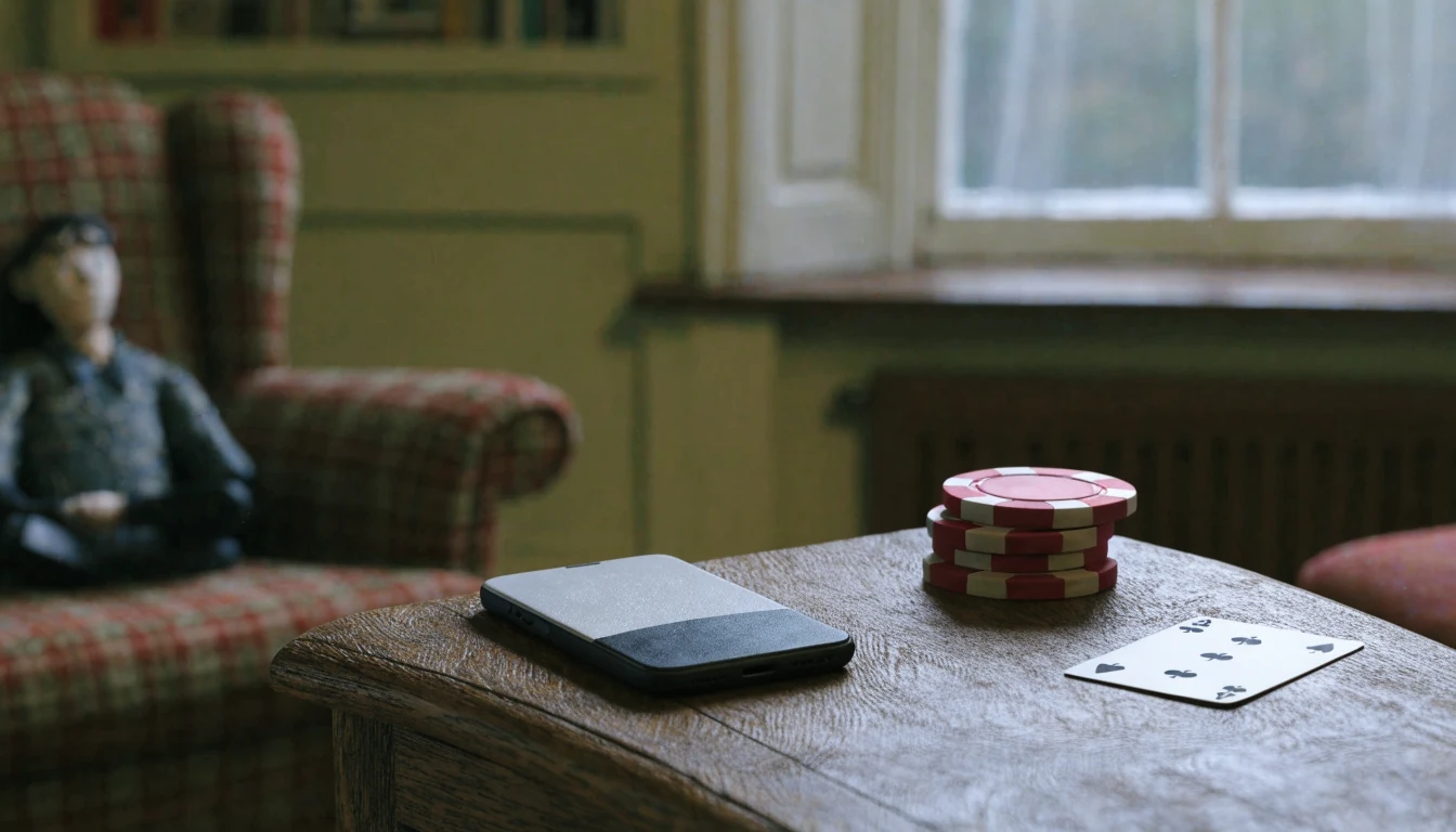 Smartphone beside casino chips and a card in a British living room