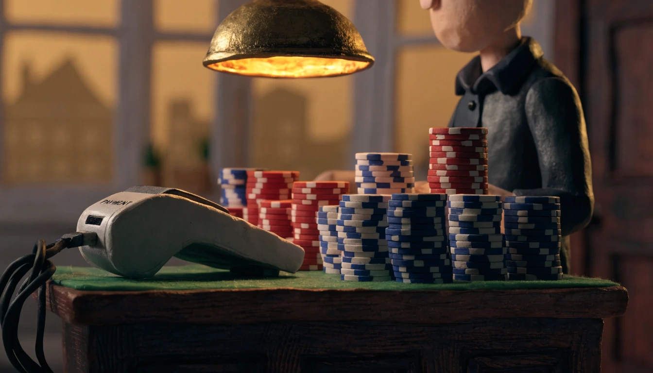 Stacked casino chips on green felt with a contactless payment terminal under warm lamp light.