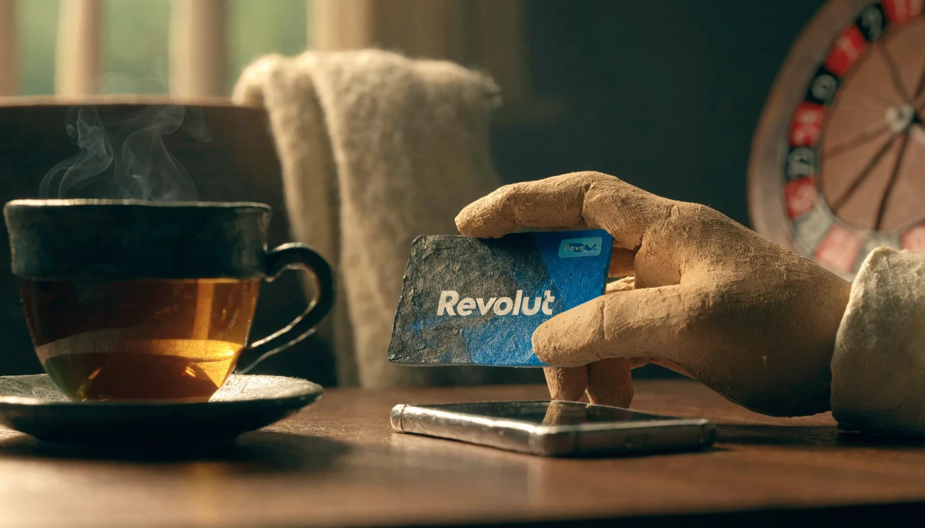 Revolut bank card held over a wooden table with tea and a face-down phone, roulette wheel softly blurred behind.