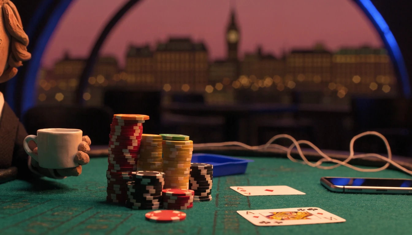 Casino table with poker chip stacks, playing cards, London skyline through arched window, face-down smartphone
