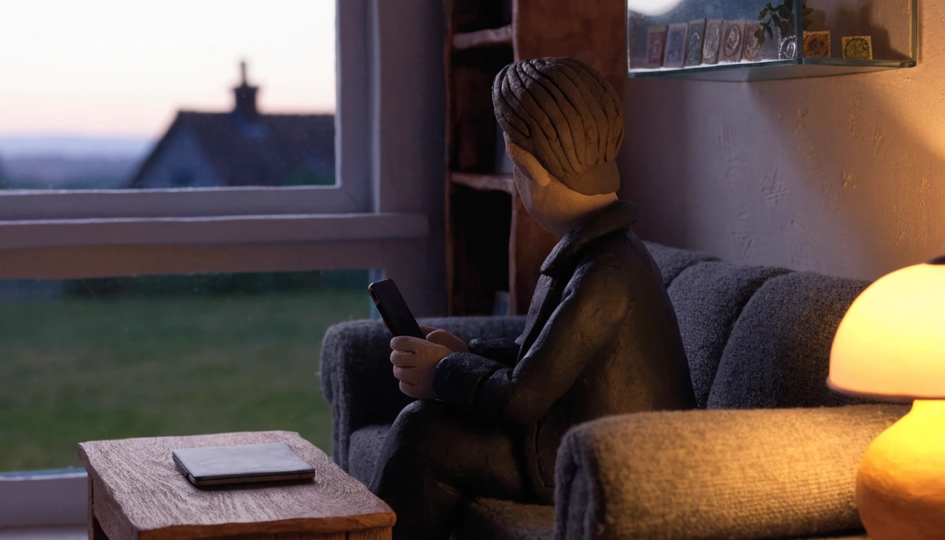 Person with smartphone in a cozy British living room at dusk