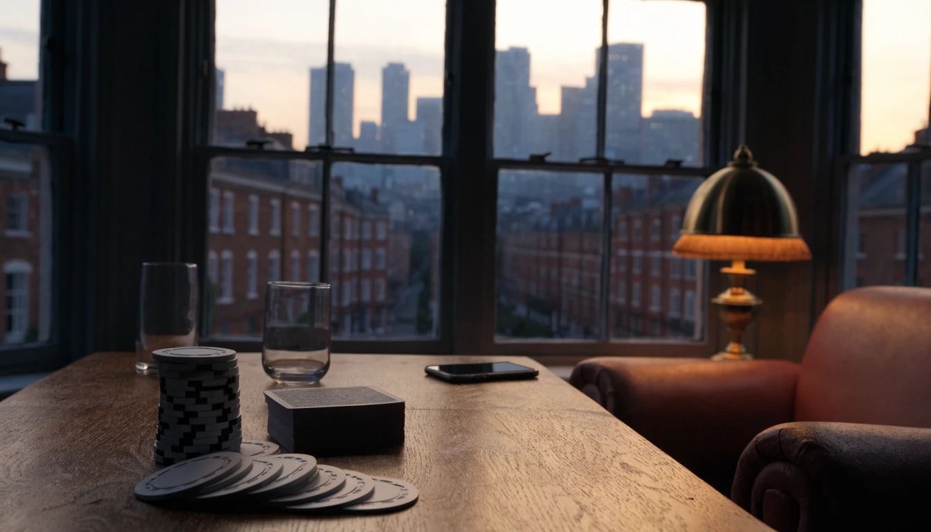 Casino chips and smartphone on walnut table in London gaming room