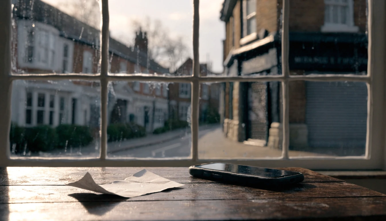Crumpled voucher on a pub table next to a smartphone, rainy British high street outside the window.