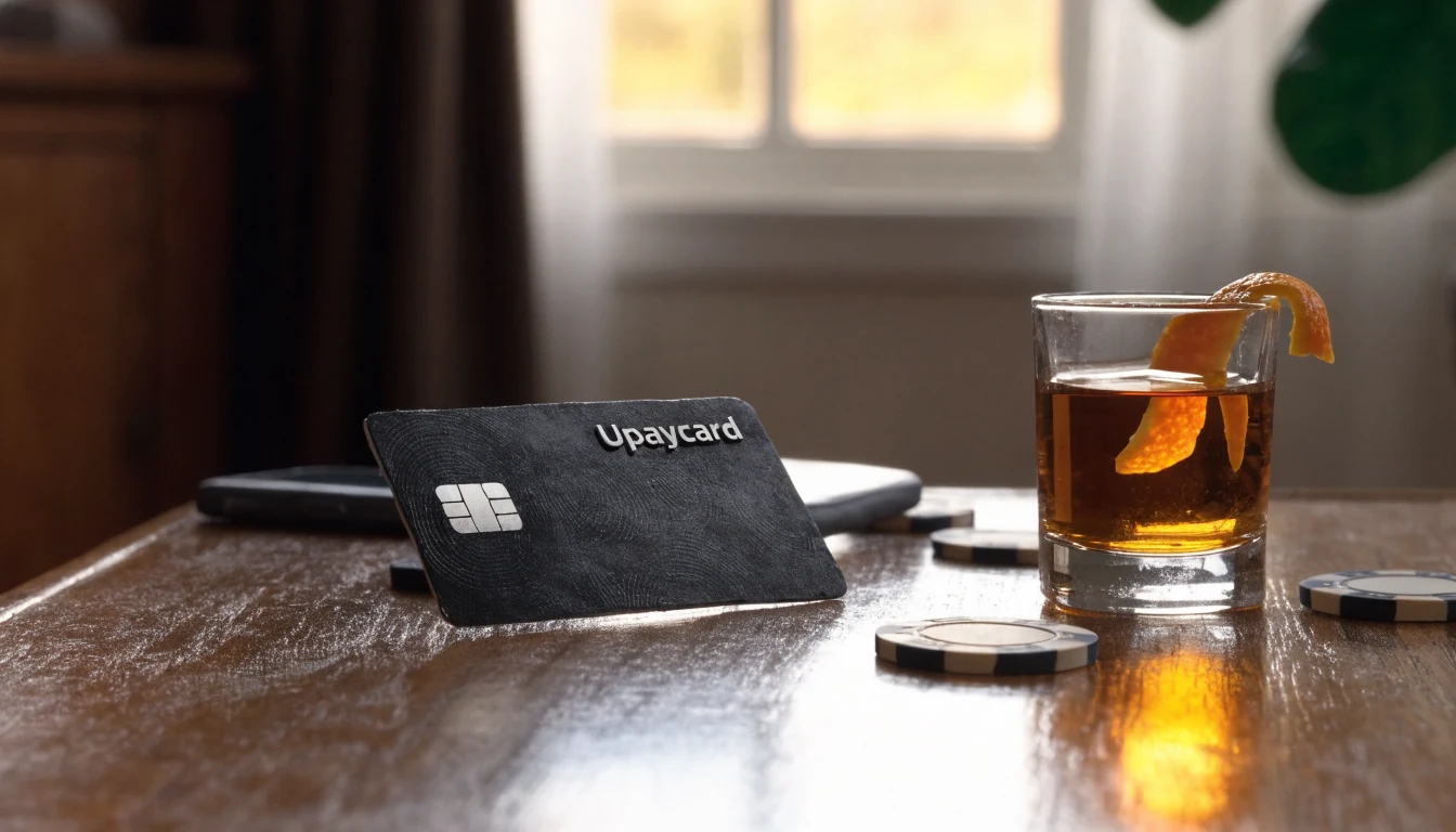 Black prepaid card, poker chips and whiskey glass on a wooden table.