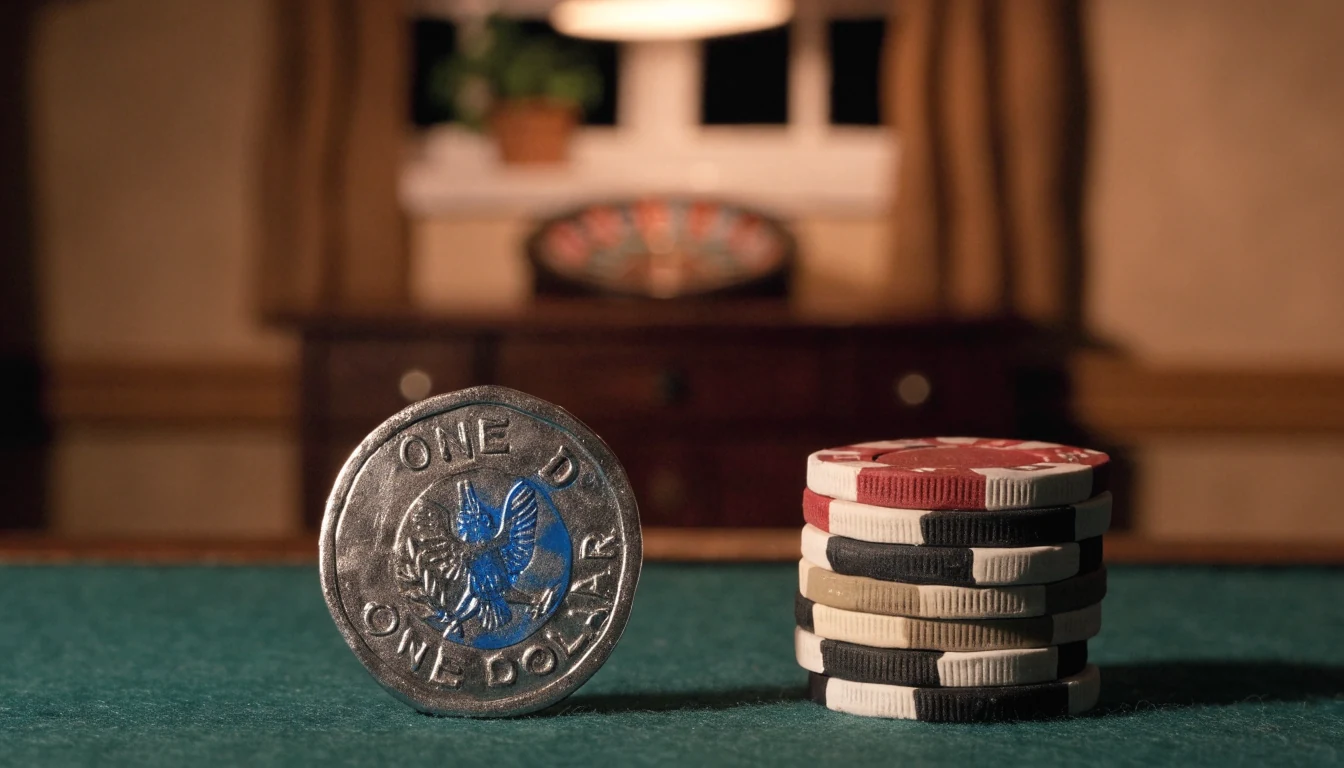 USD Coin token on a casino table next to stacked chips in a British gaming interior.
