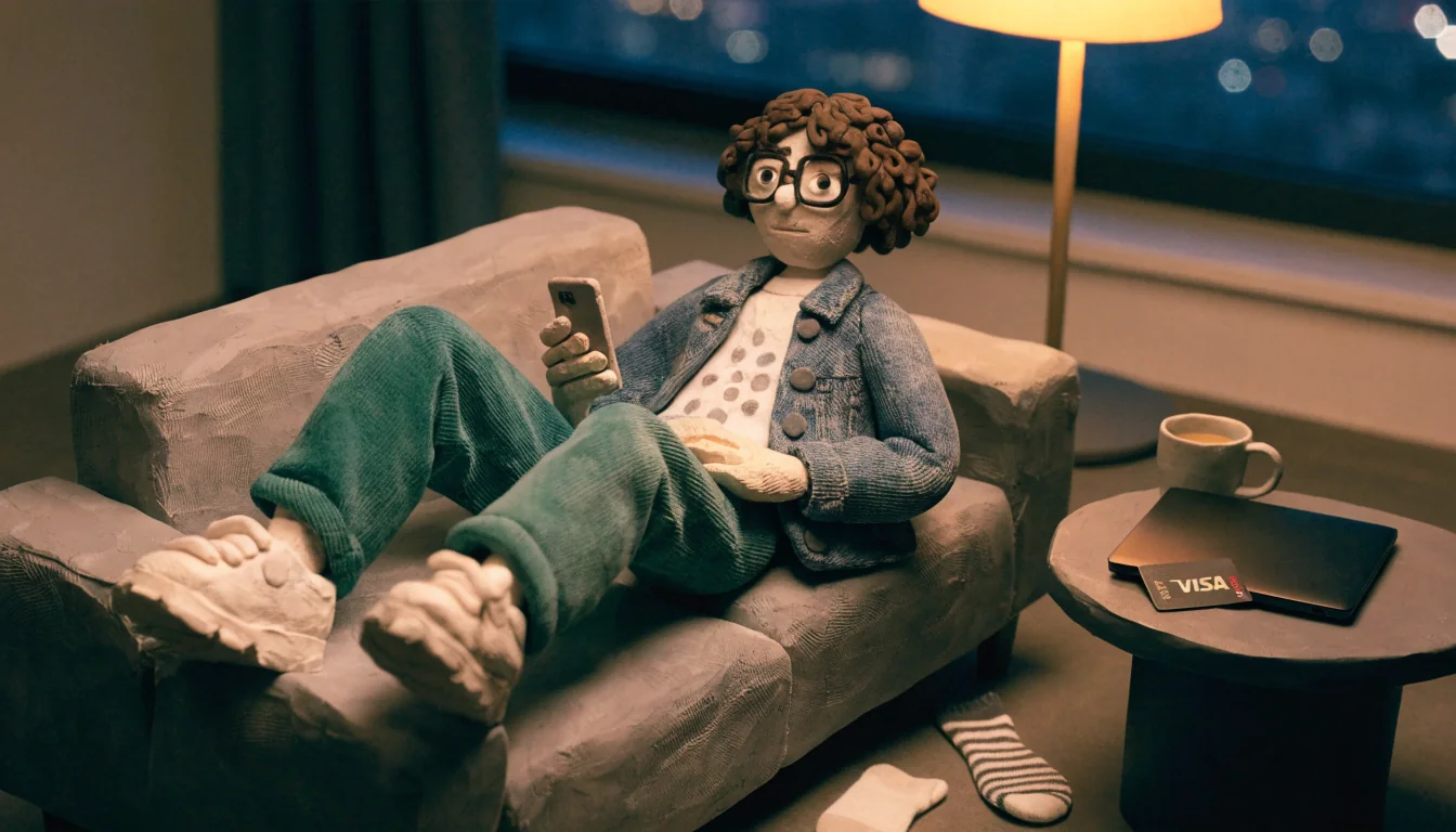 British adult at home with a Visa card beside a closed laptop
