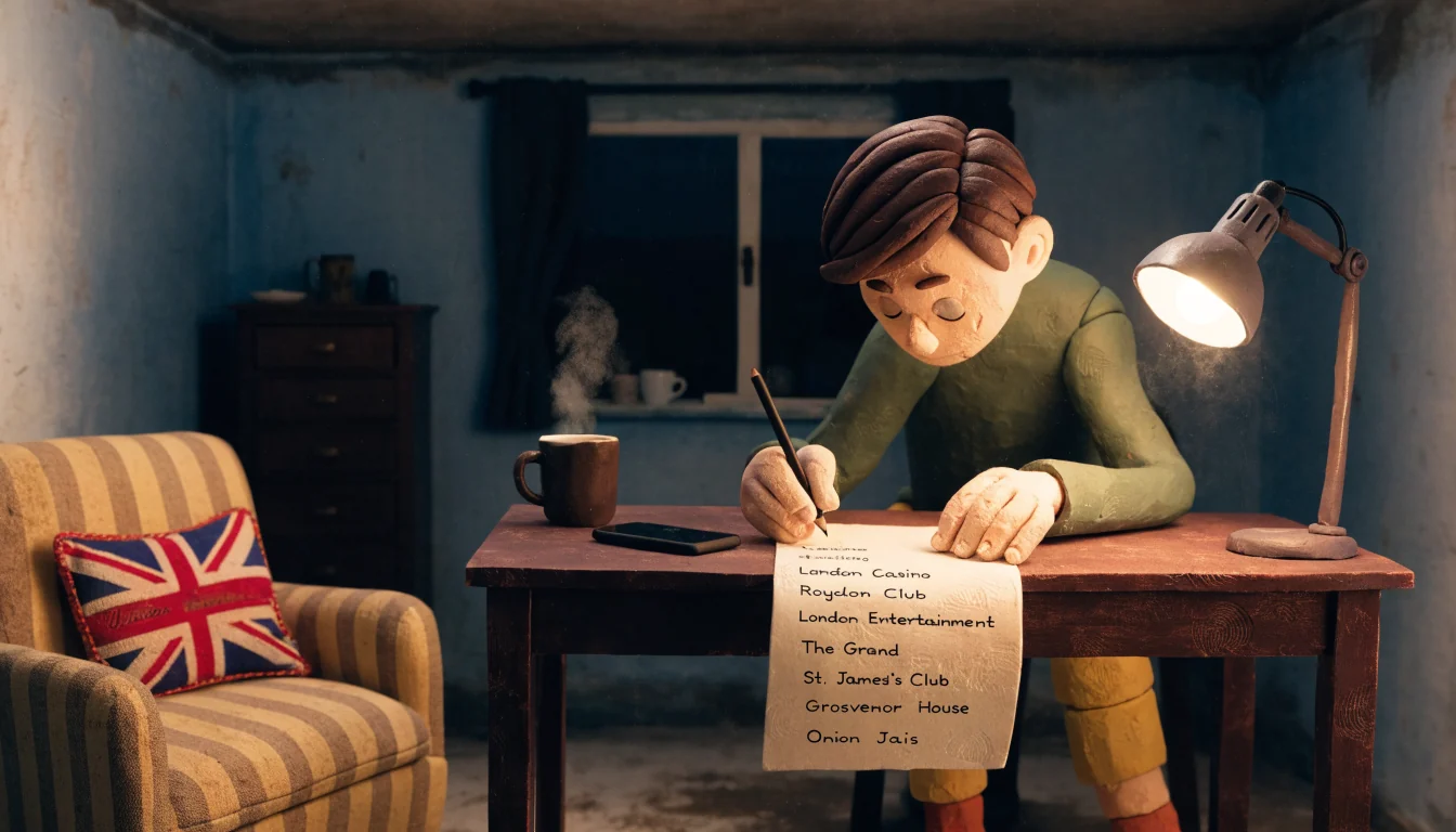 Person reviewing a printed casino payment list at a London desk.