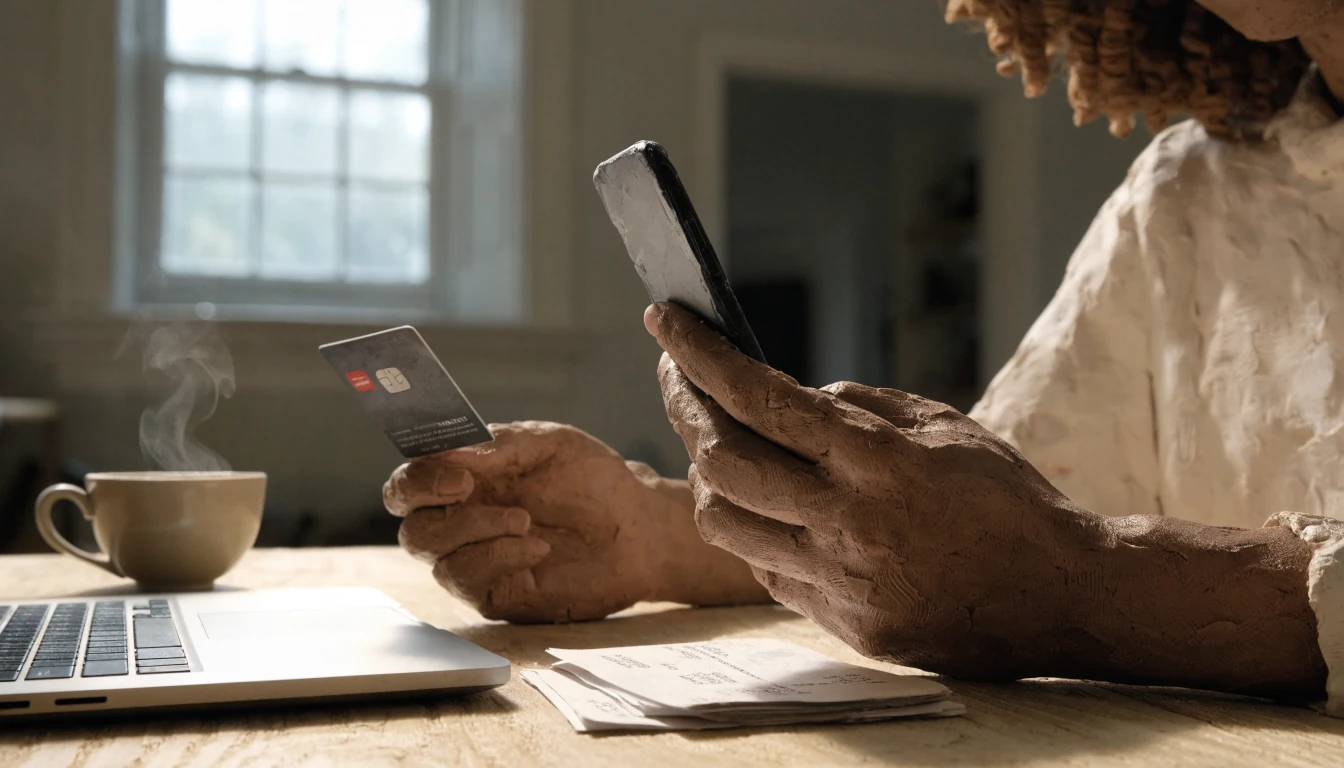 Hands holding a smartphone and bank card at a British home office desk.