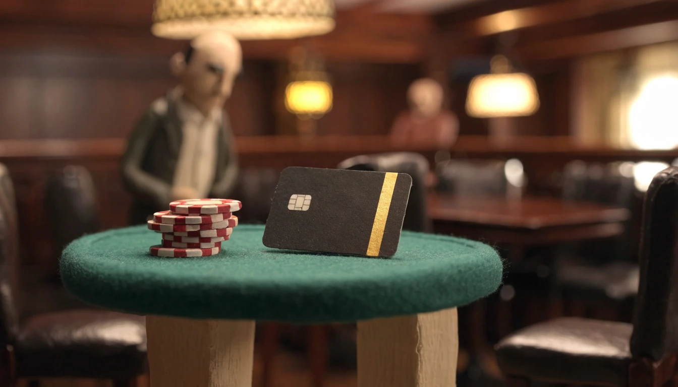 Payment card and chips on casino table in a British lounge.