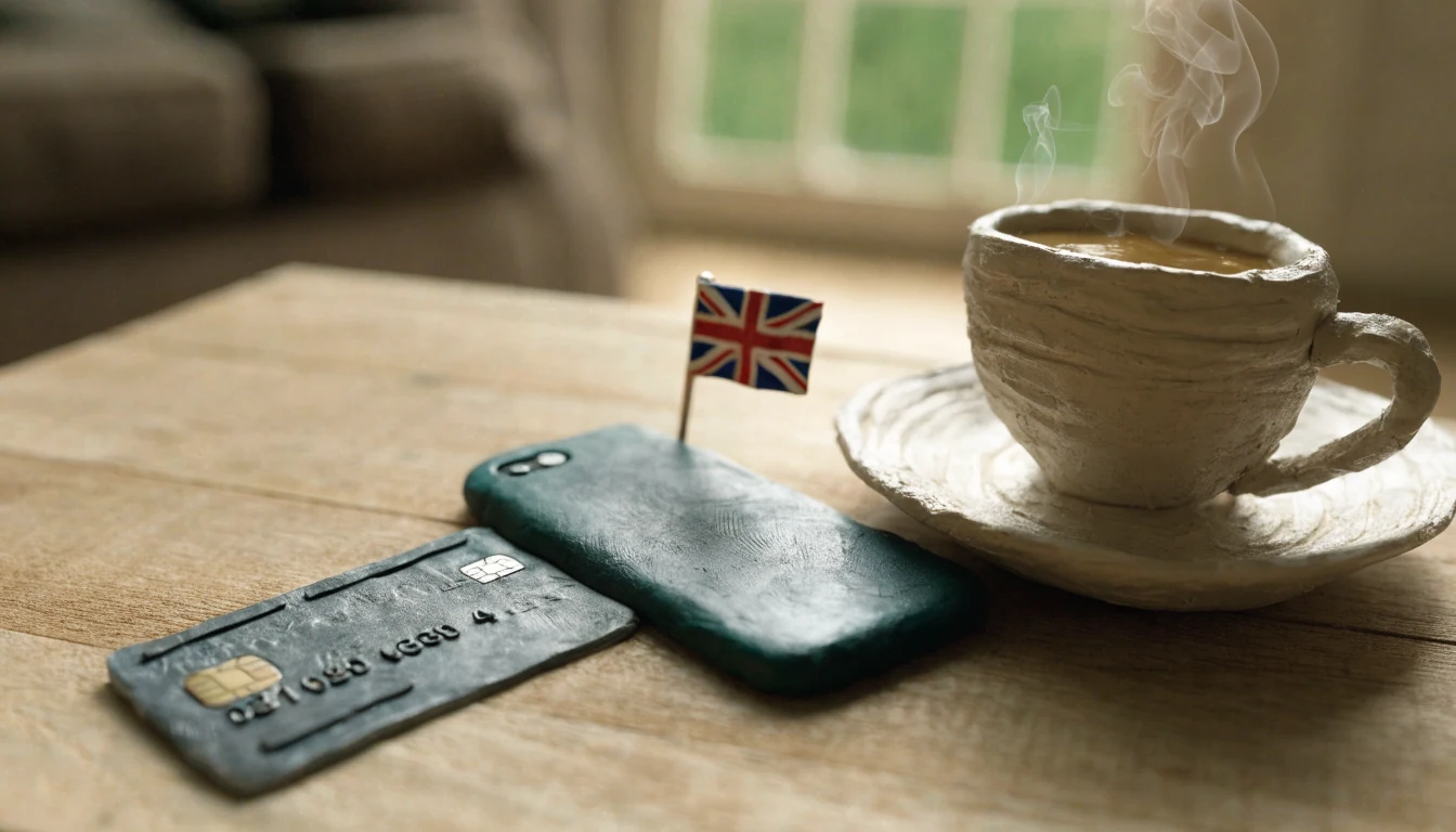 Bank card, smartphone, cup of tea and a small British flag on a wooden table in a UK home.