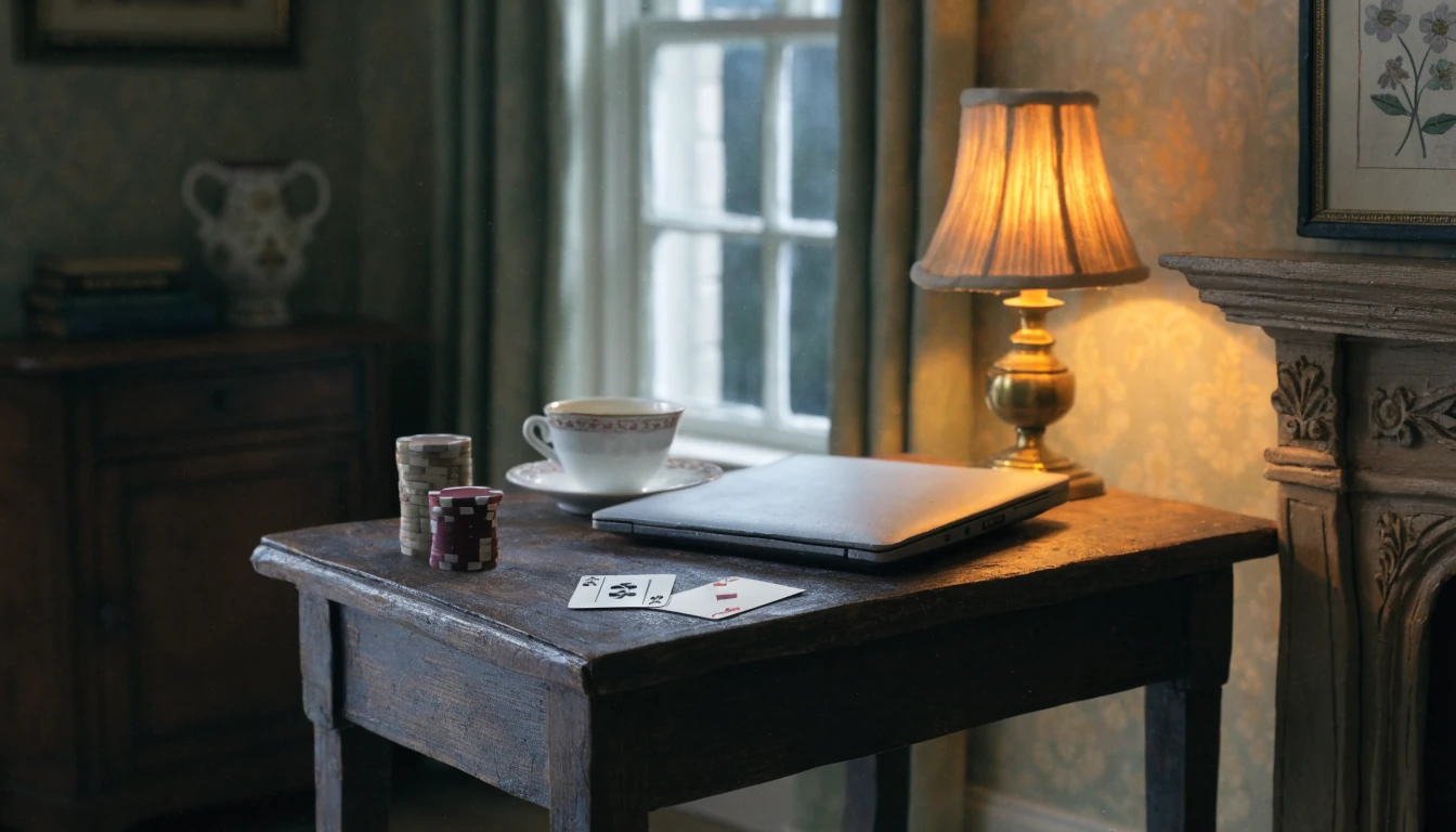 Casino chips, playing cards, closed laptop and teacup on a wooden side table in a UK home