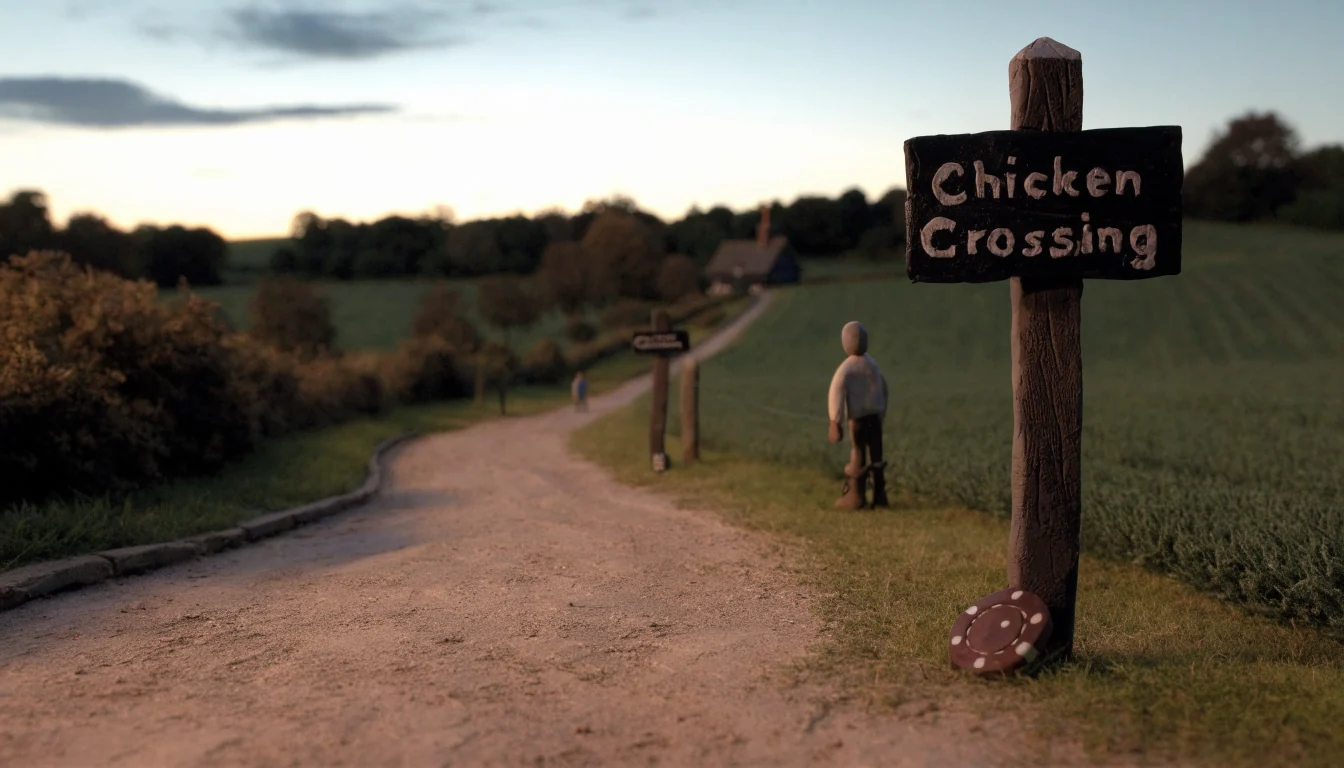 Rural British road with chicken crossing sign and a casino chip on a fence post.