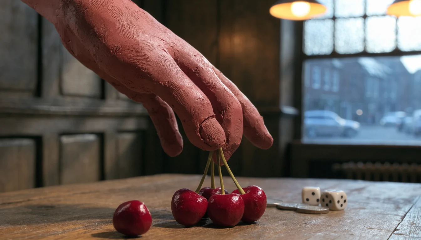 Connected cluster of cherries and coins on a British pub table