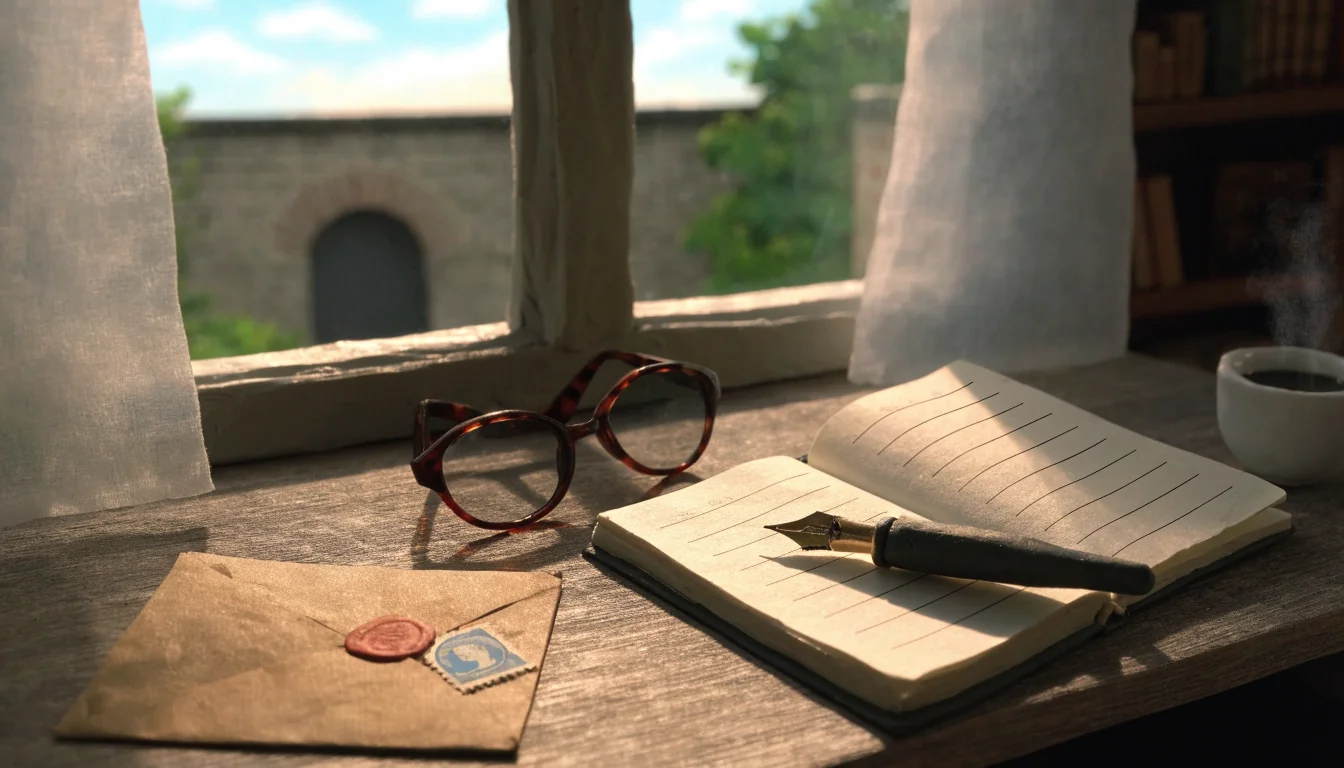 A wooden desk with a notebook, fountain pen, envelope, and tea by a sunlit window.