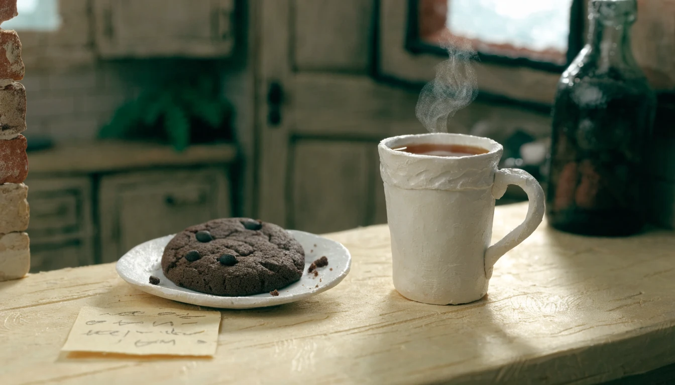Chocolate chip cookie on a plate beside a mug of tea on a kitchen counter.