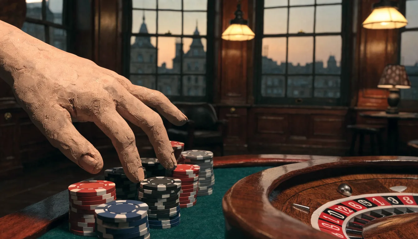 Hand hovering over stacked chips on a London casino felt table beside a roulette wheel.