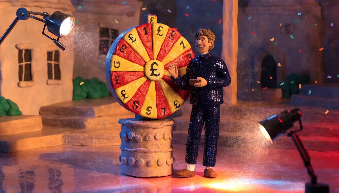 Live game show studio with a presenter beside a large spinning wheel