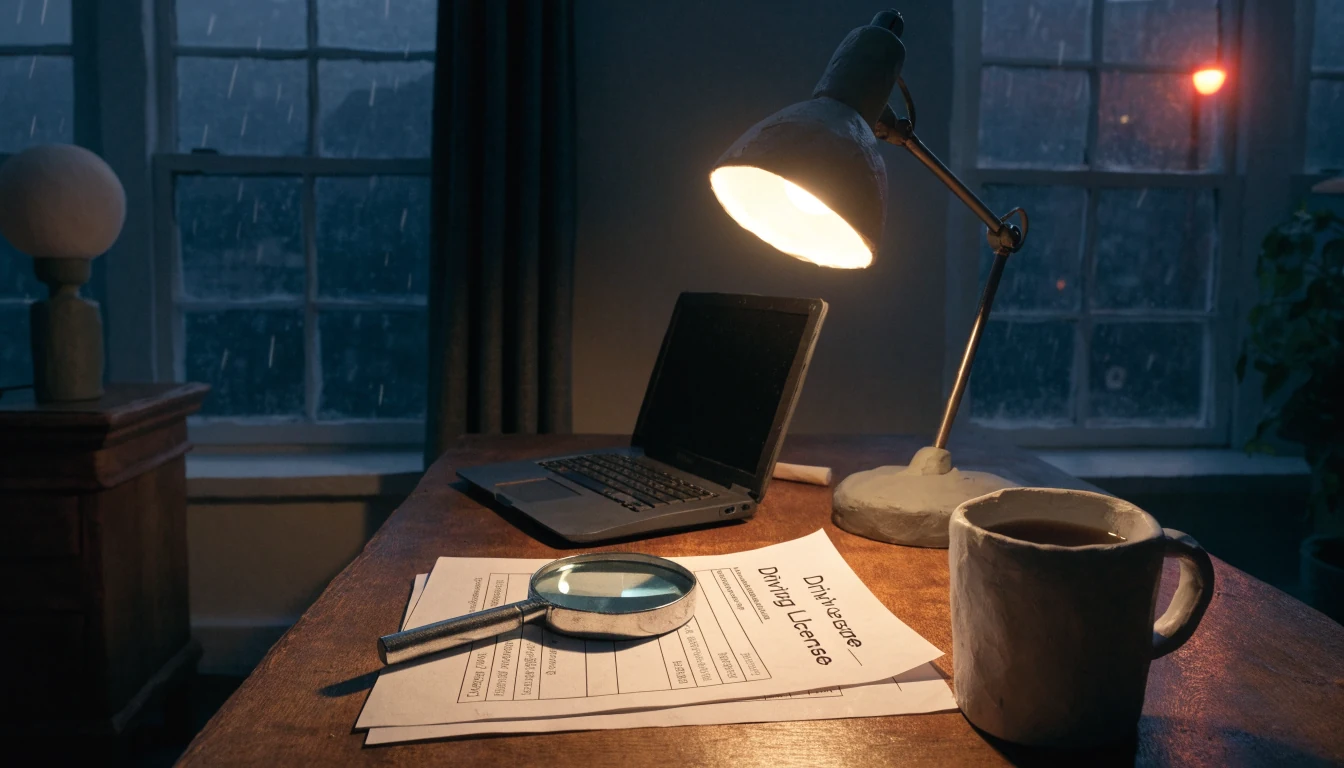 Licence documents on a desk under a lamp at night, with rain outside a London window.