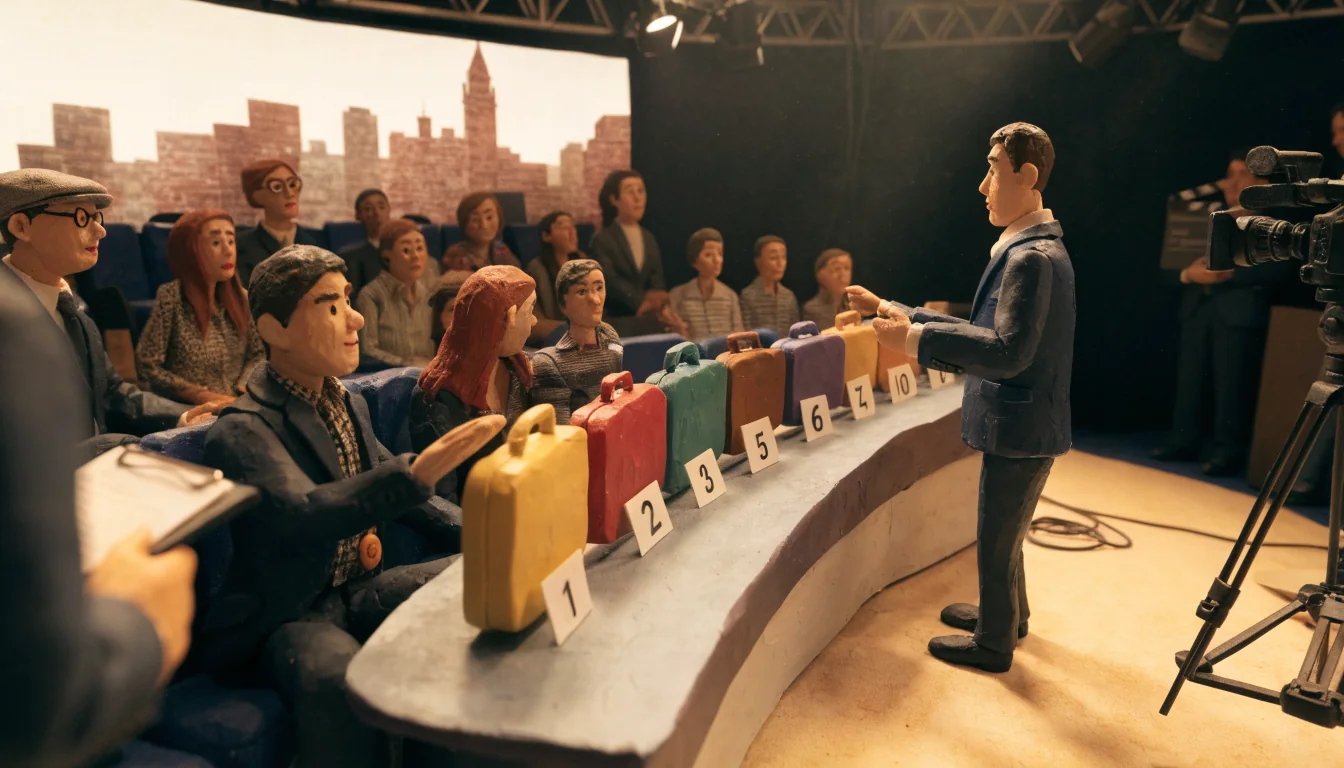 British game-show studio with numbered briefcases, presenter and audience