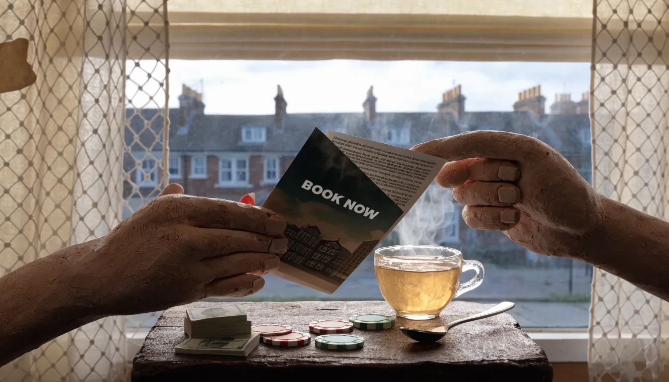Hands examining a UK casino promotional leaflet revealing its terms, with pound notes, chips and tea.