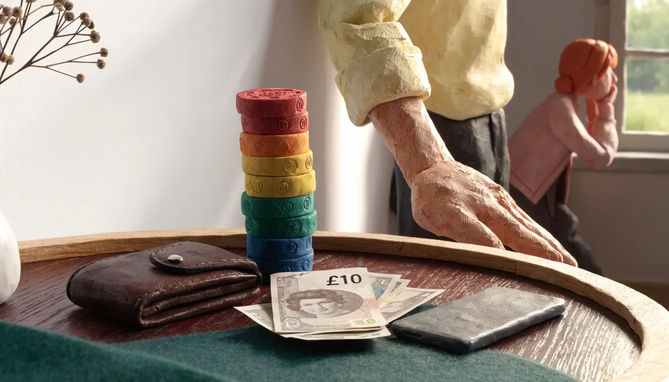 Casino chips, British pound notes, wallet, and a face-down smartphone on green felt.