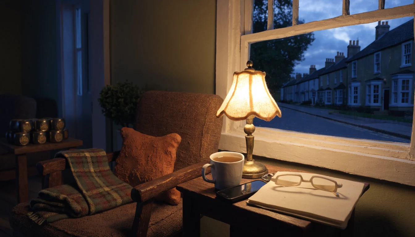Cozy British living room with tea, golden tokens, and a face-down smartphone at evening
