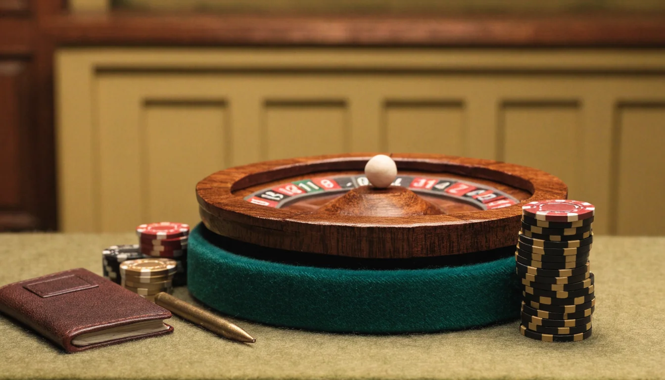Roulette wheel with chips and closed notebook on a green felt table
