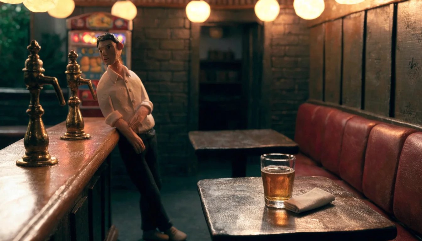 Classic British pub interior with a fruit machine cabinet near the bar