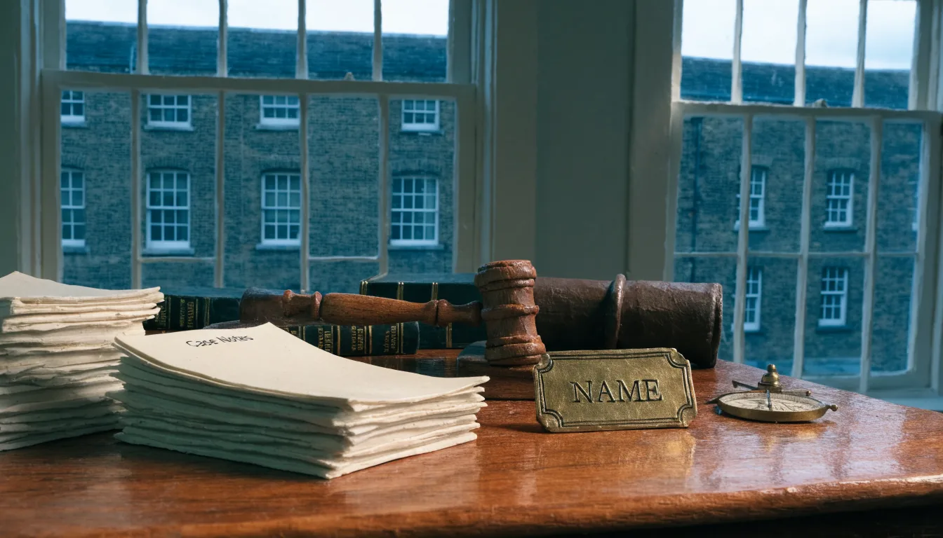 Legal documents and a gavel on a desk in a British solicitor's office