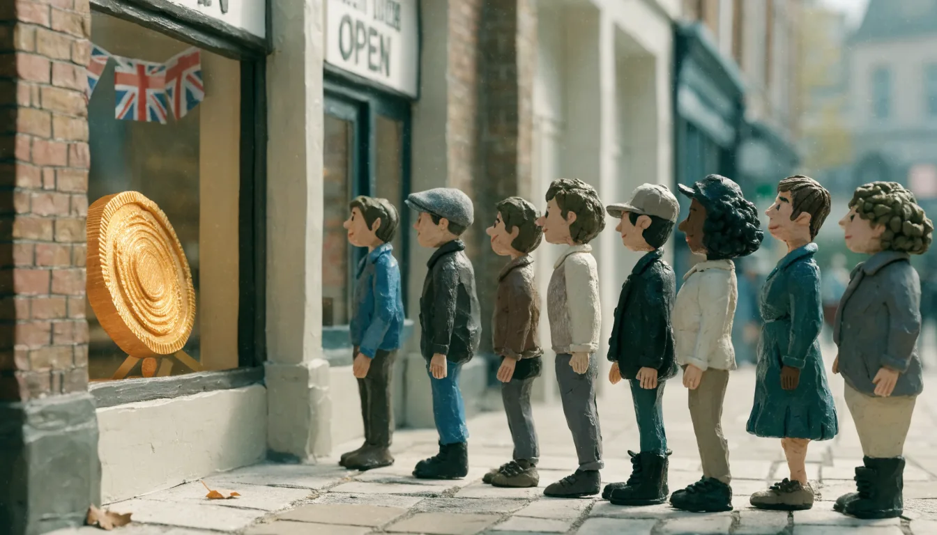 UK high street with a casino storefront window and people queueing outside