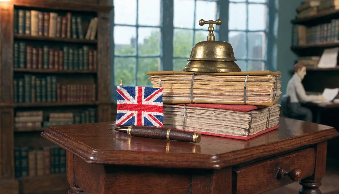 Brass bell on legal documents with a Union Jack flag on a mahogany desk in a London study.