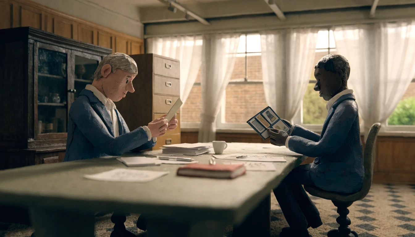 Two professionals reviewing licensing documents in a meeting room