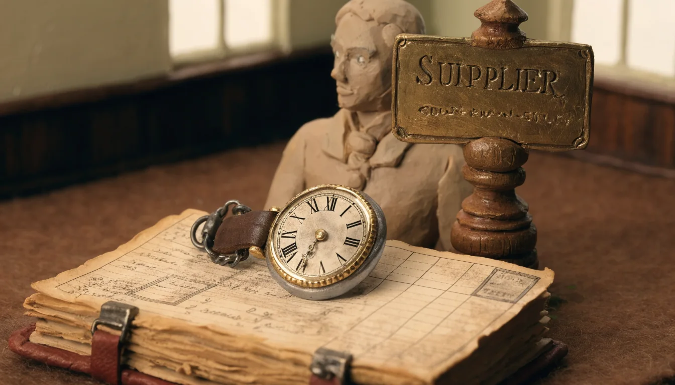 Pocket watch on a ledger beside a brass supplier plaque