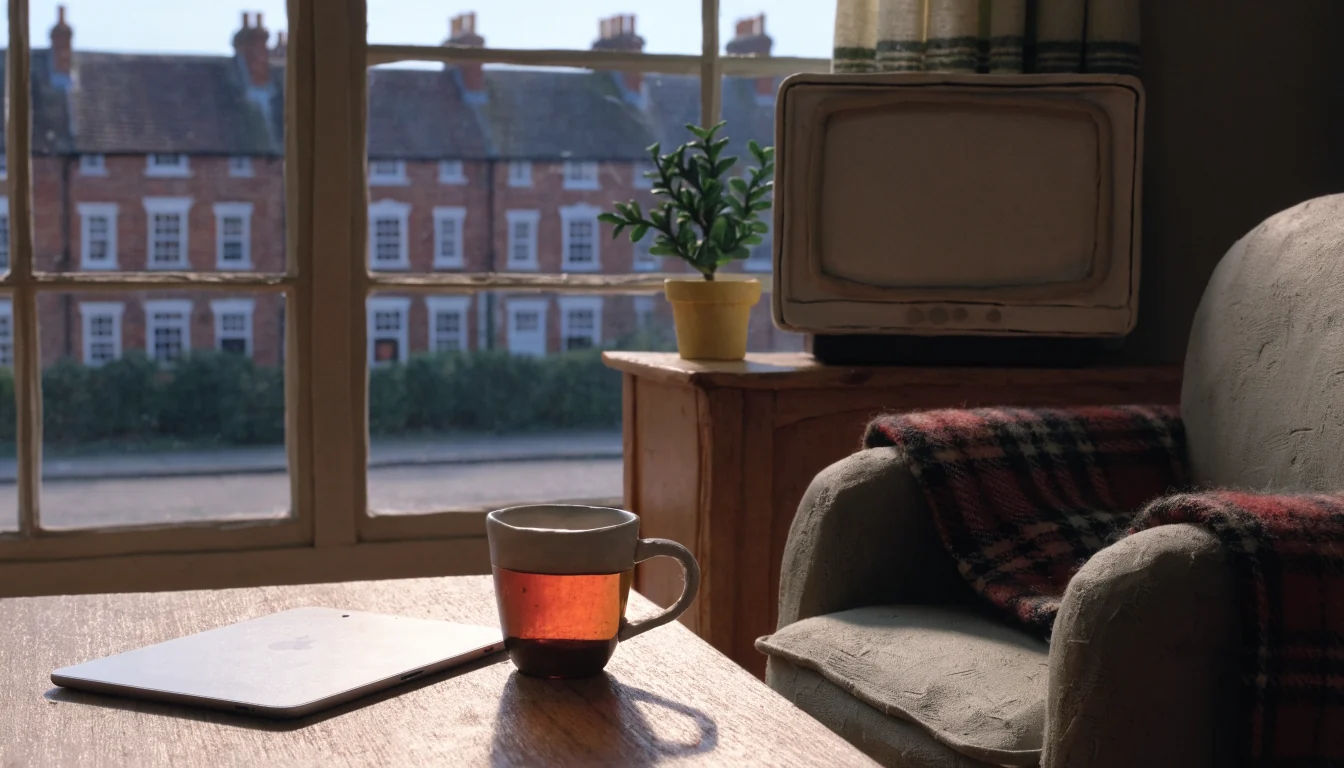 iPad face-down on coffee table in British living room with tea